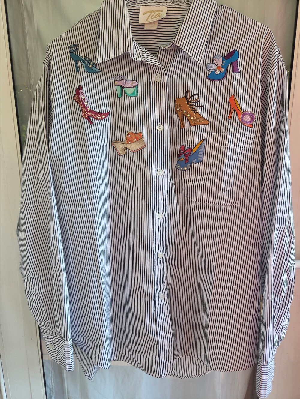 Tia Designs Blue & White Striped Button-Down Shirt Colorful Shoe Patches. Sz XL